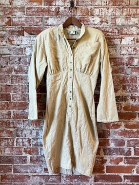 Vintage Foxy Lady San Fran 7/8 Cotton Long Sleeve Dress Khaki USA Made.